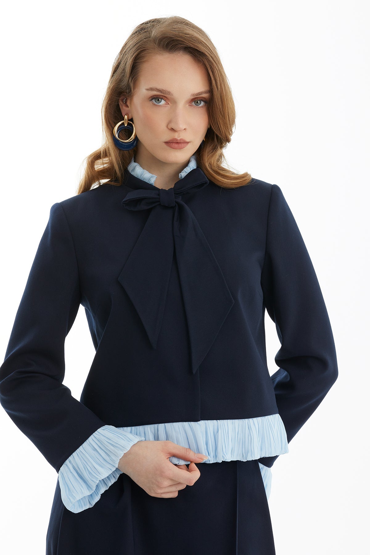 Blue Tie Detail Jacket and Skirt Set