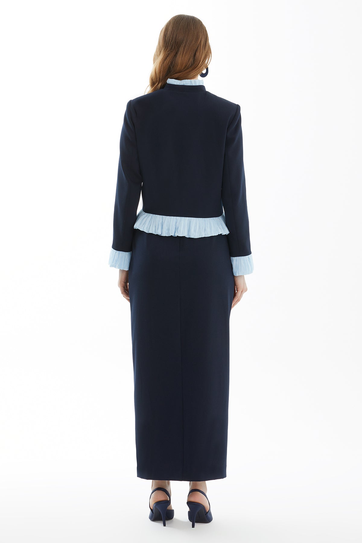 Blue Tie Detail Jacket and Skirt Set