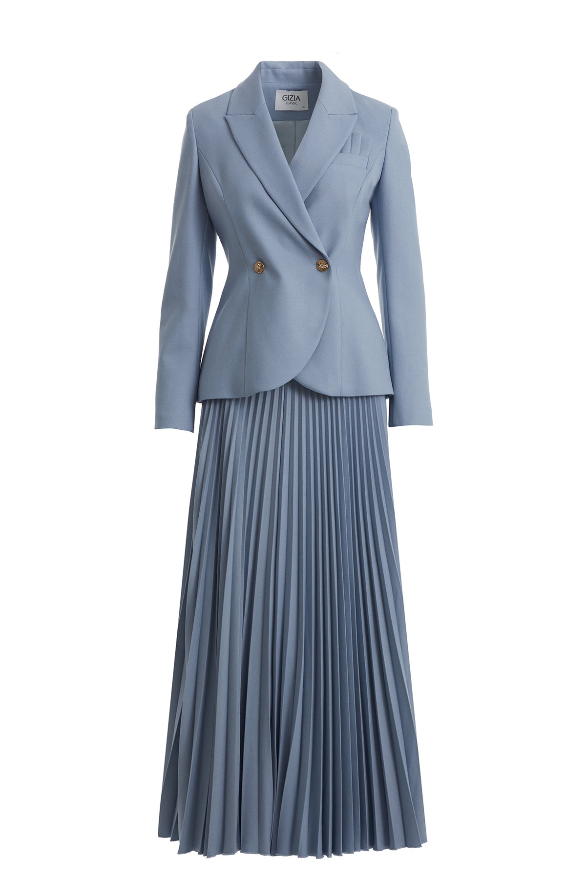 Blue Pleated Skirt Set with Handkerchief Detail