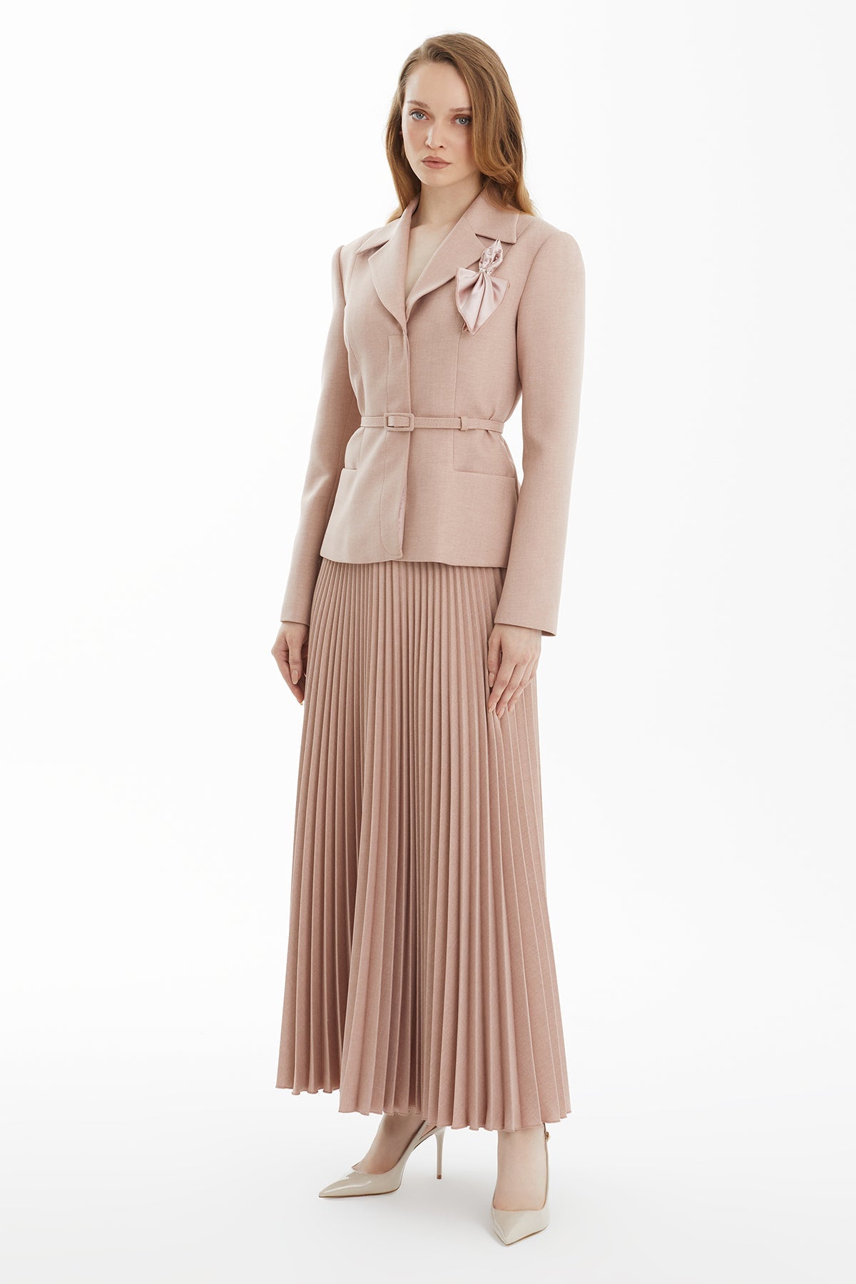 Pink Skirt Set with Handkerchief Brooch Detail