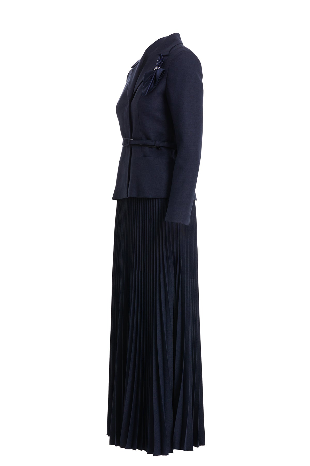 Dark Navy Skirt Set with Handkerchief Brooch Detail