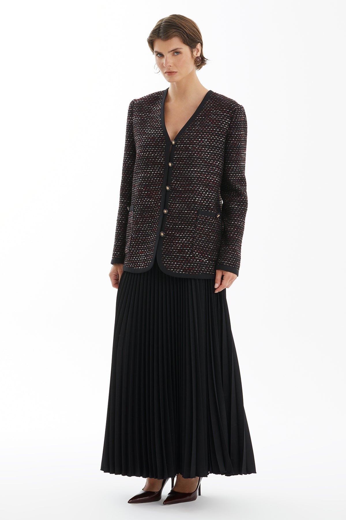 Black Jacket and Long Pleated Skirt Set