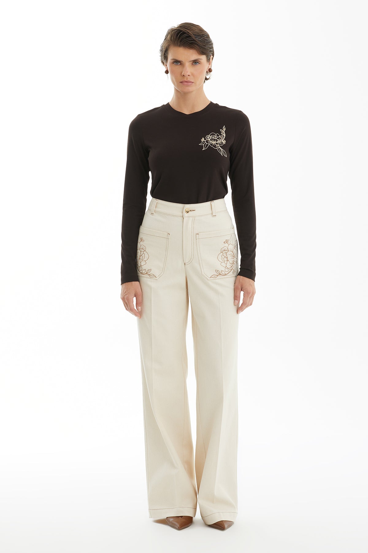 Ecru Denim Skirt with Floral Embroidery