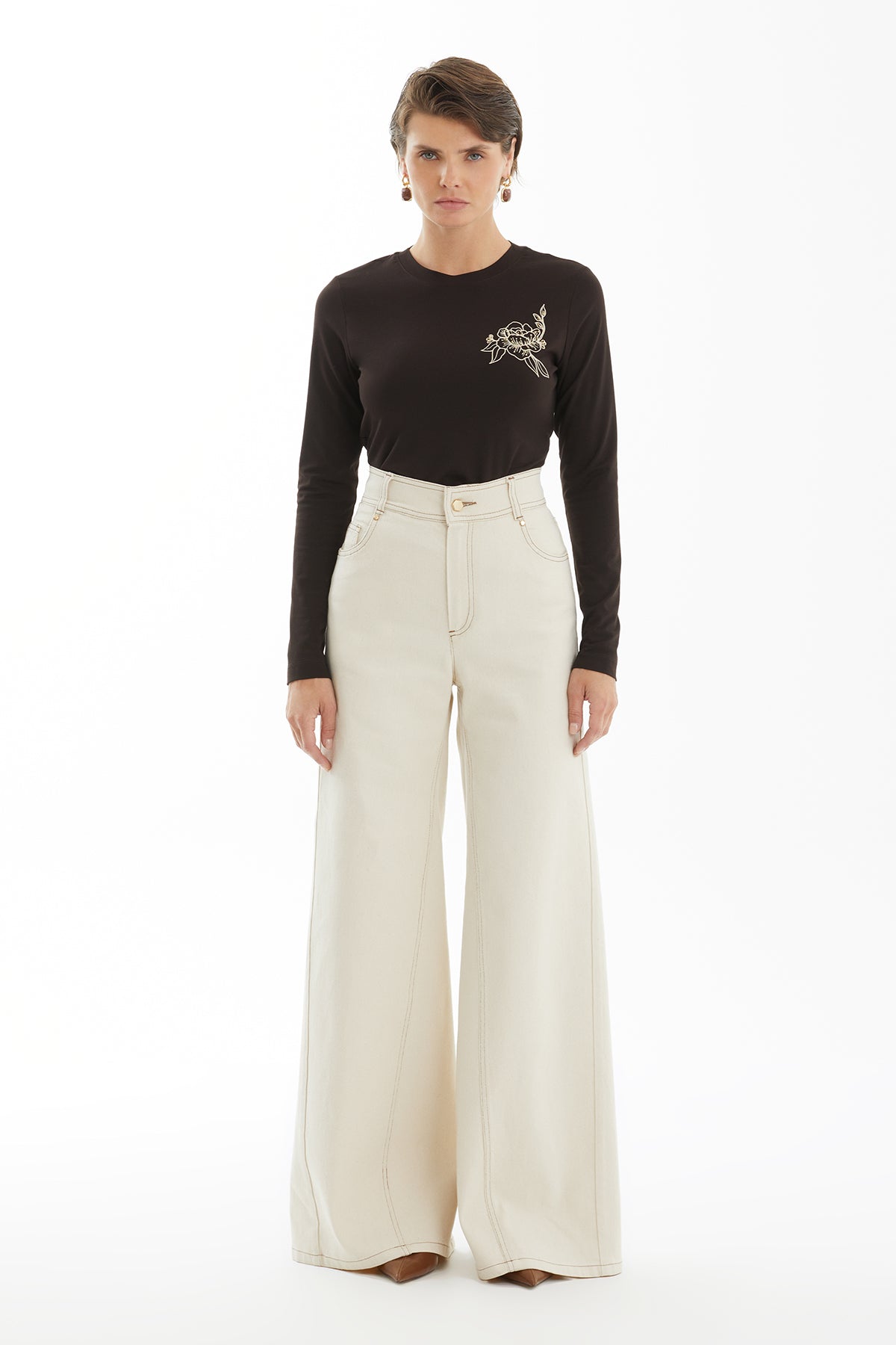 Ecru Jeans with Buckle Detail Above Pocket