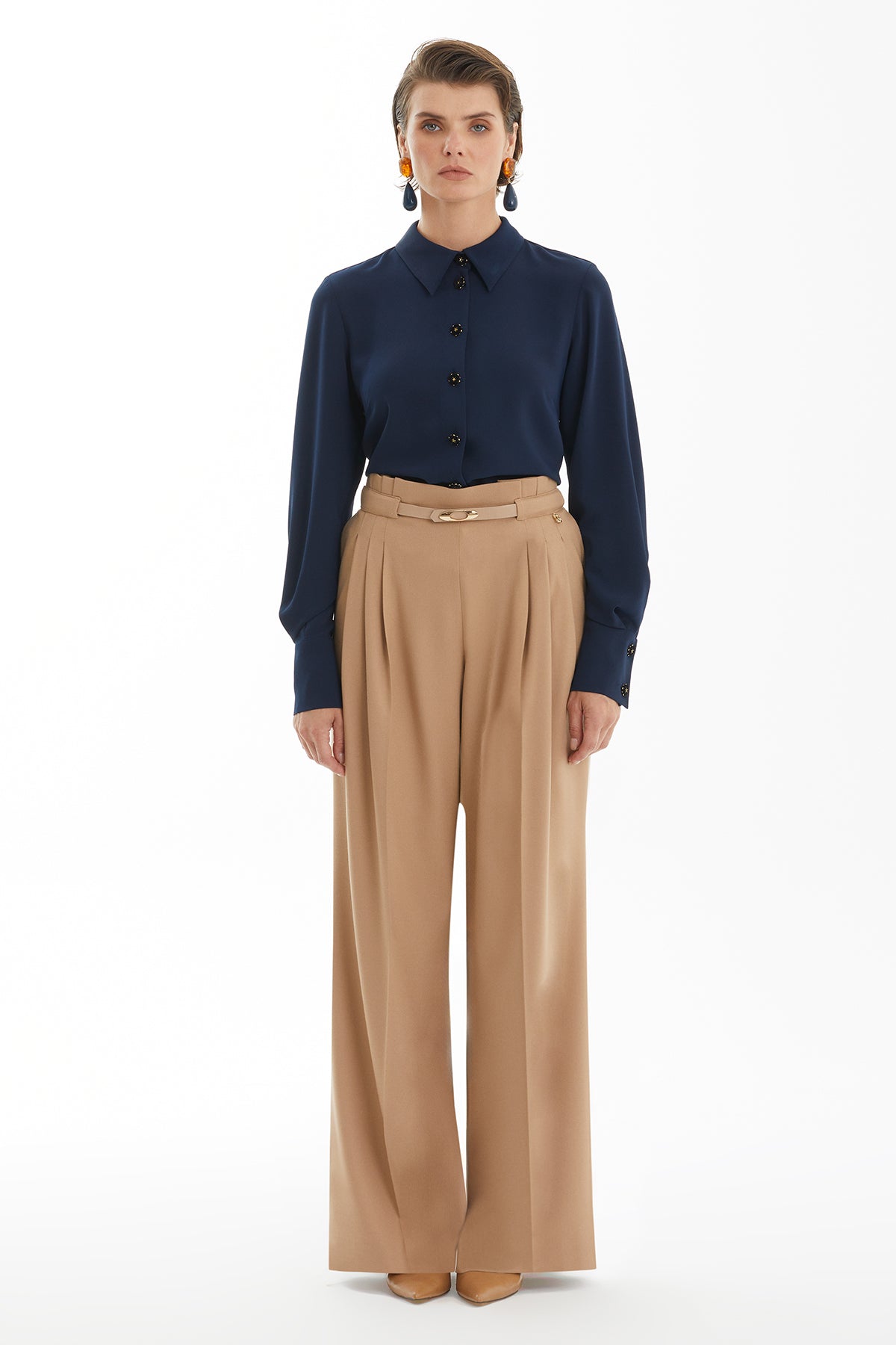 Ecru Pleated Trousers with Belt Detail