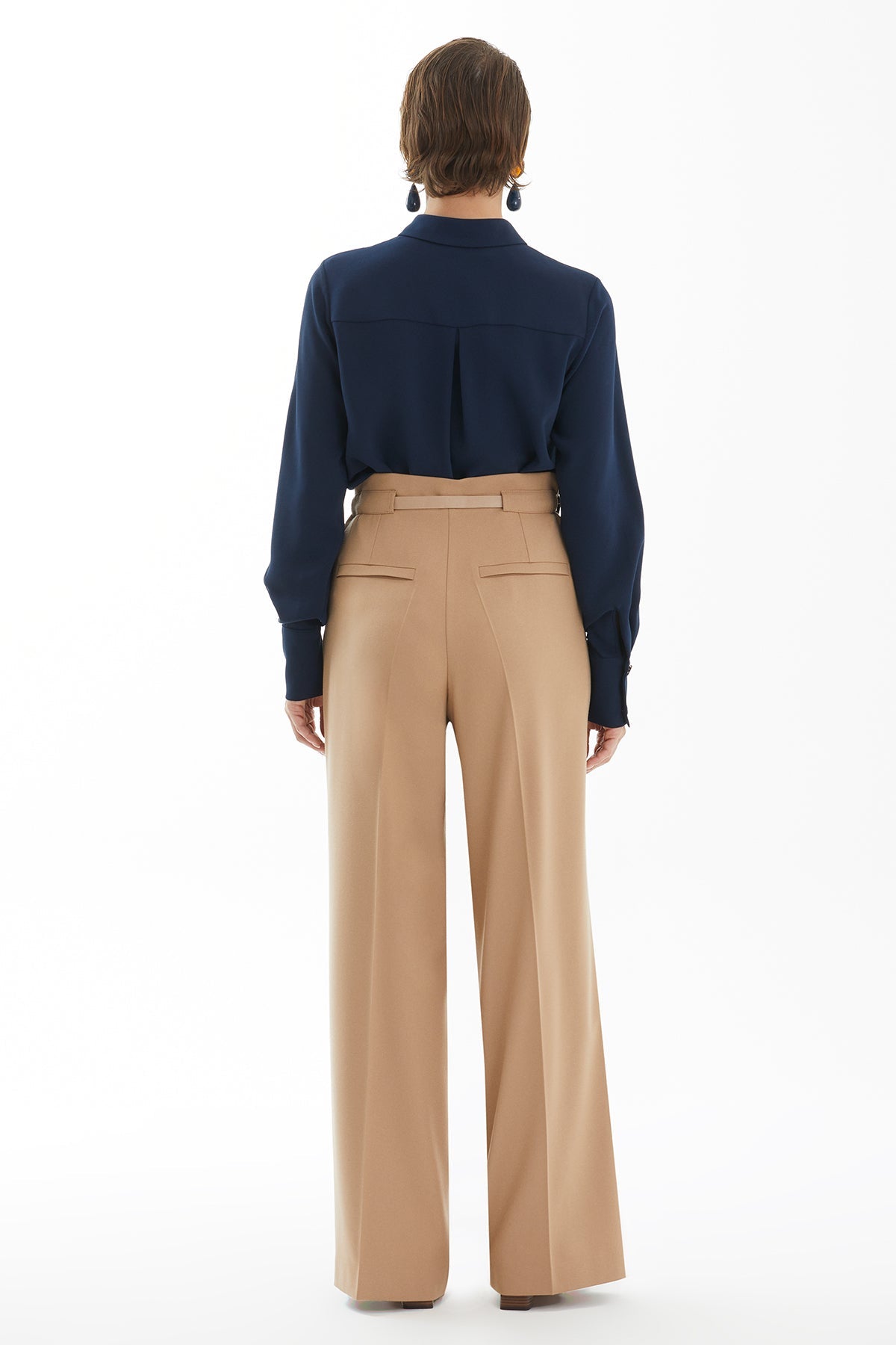 Ecru Pleated Trousers with Belt Detail