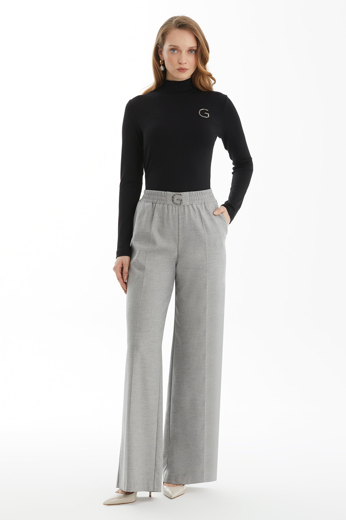 Grey Elastic Waist Trousers with G Embroidery