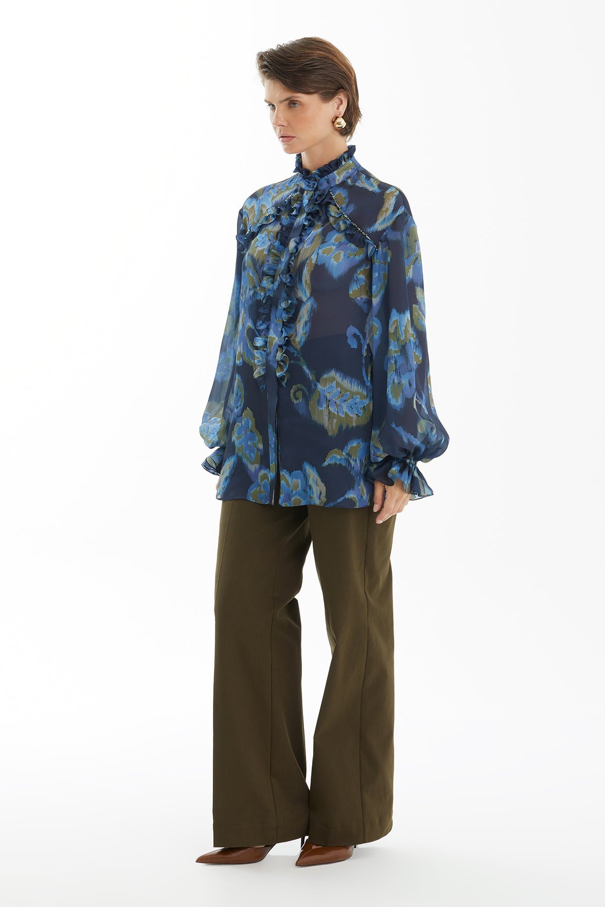 Ruffled Blouse with Crystal Embroidery