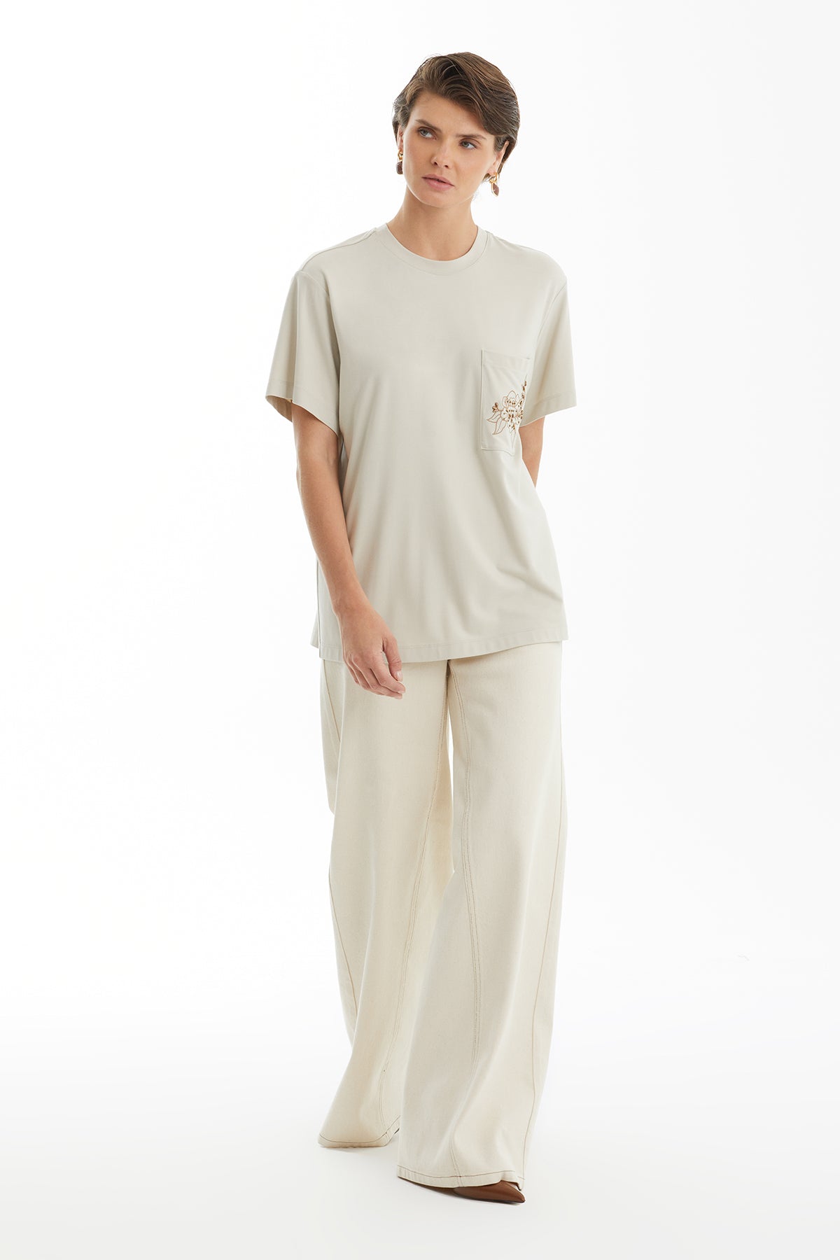 Beige T-Shirt with Floral Embroidery