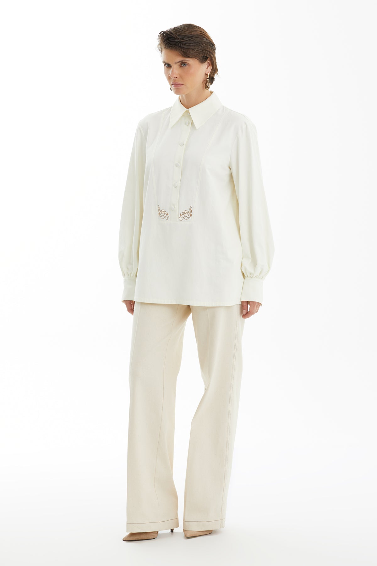 Ecru Shirt with Floral Embroidery