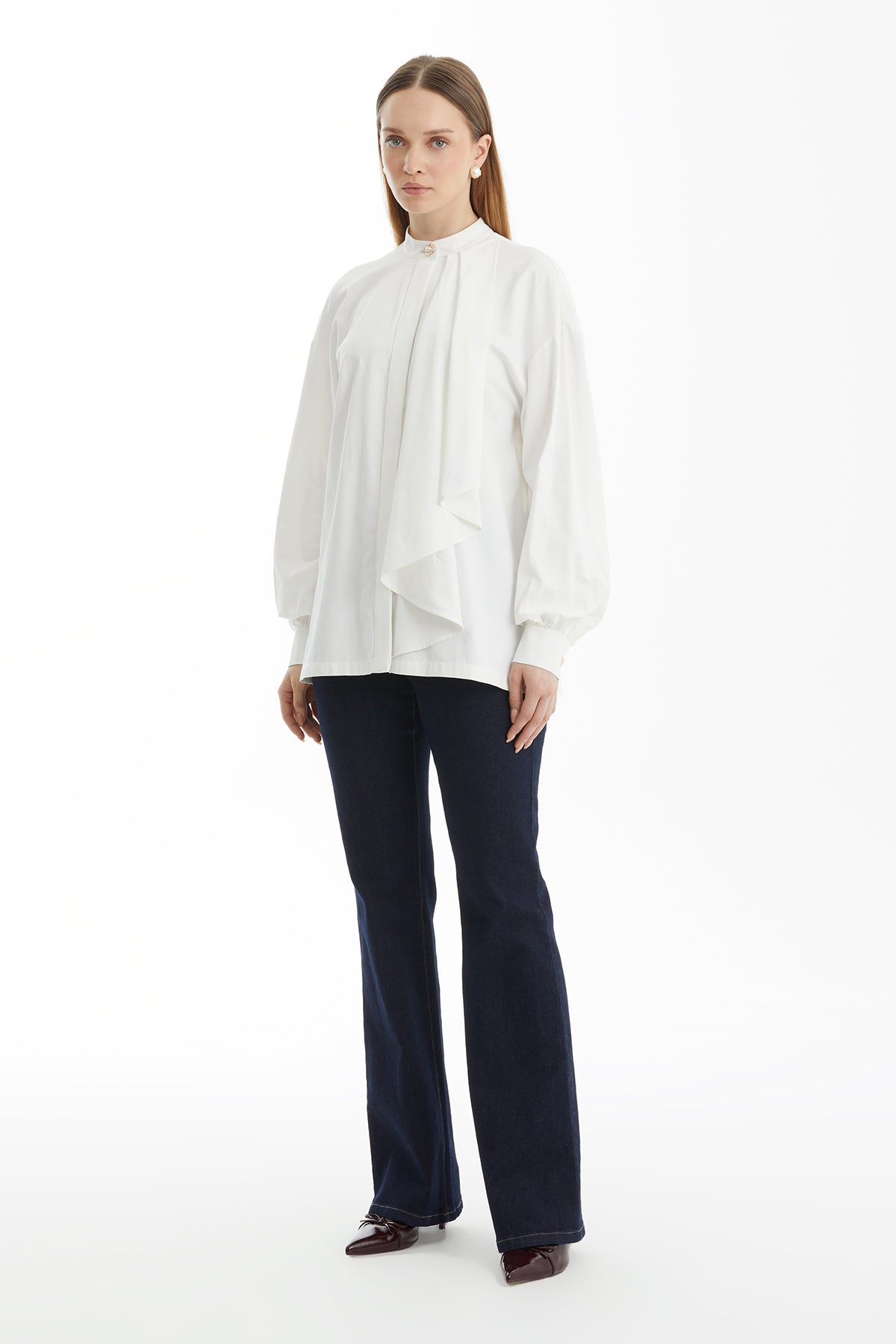 Ecru Shirt with Pleated Collar Detail
