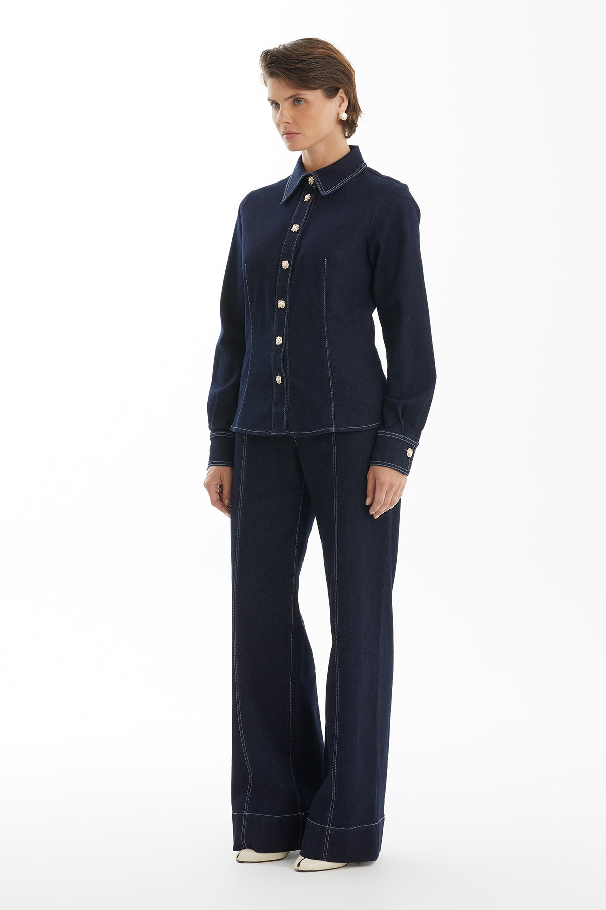 Dark Navy Denim Shirt with Contrast Stitching