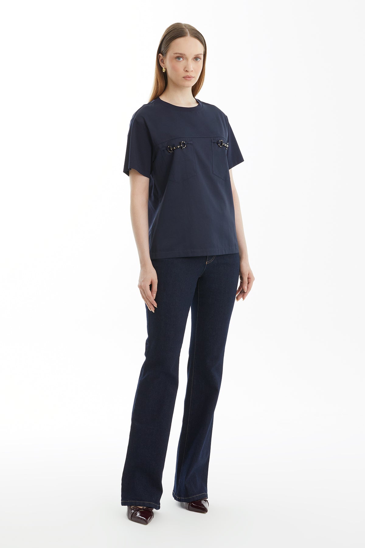 Dark Navy Poplin Trim T-Shirt with Pocket Detail