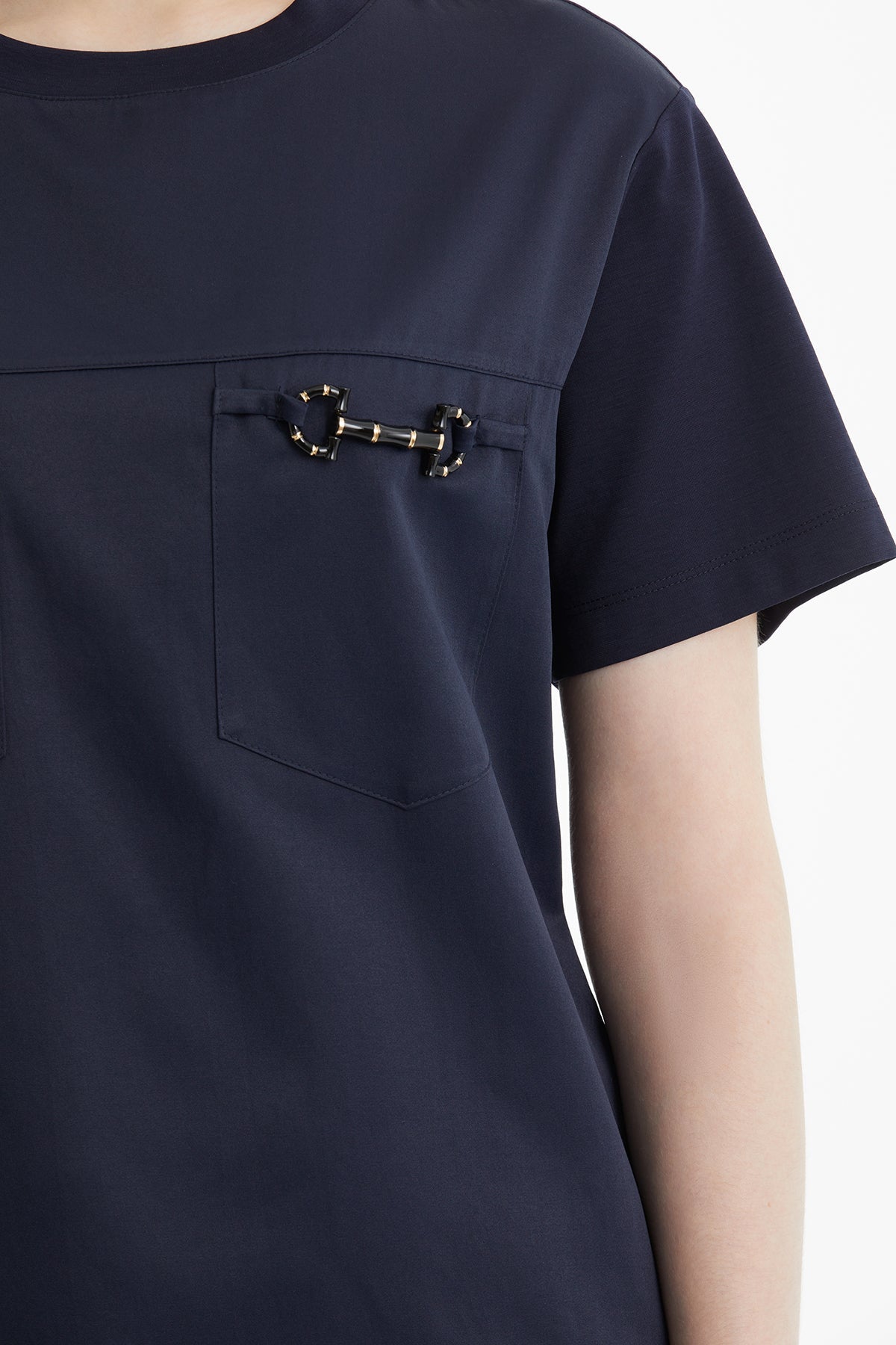 Dark Navy Poplin Trim T-Shirt with Pocket Detail
