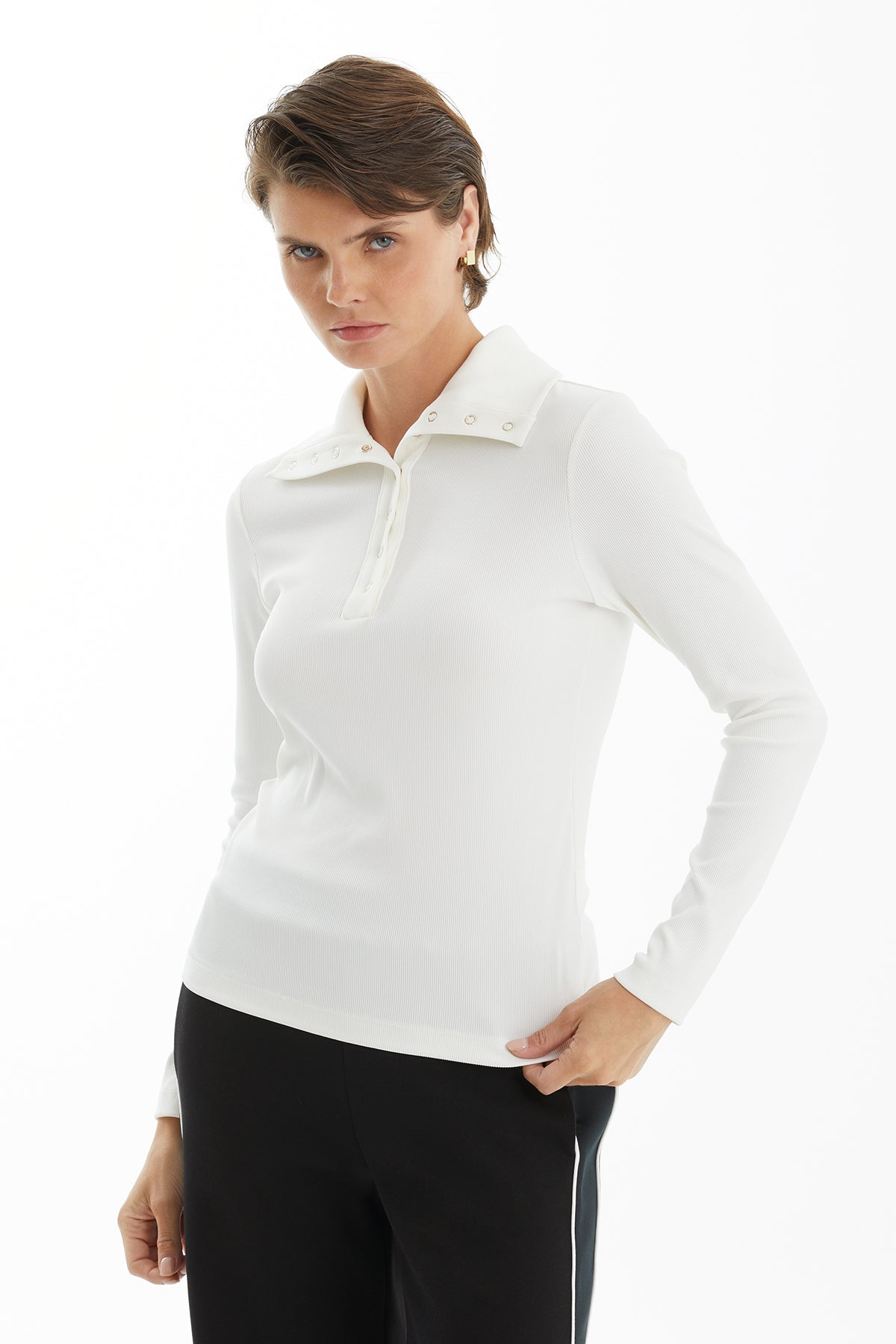 Ecru Long Blouse with Snap Detail