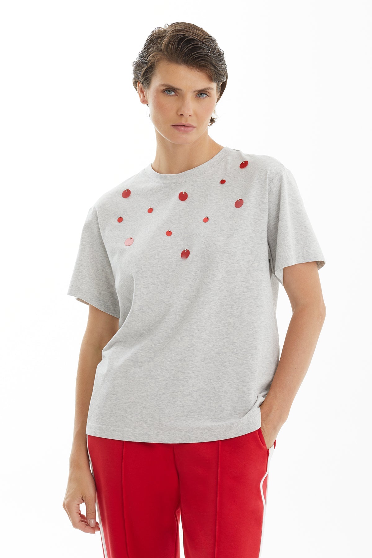 Grey T-Shirt with Red Sequin Detail
