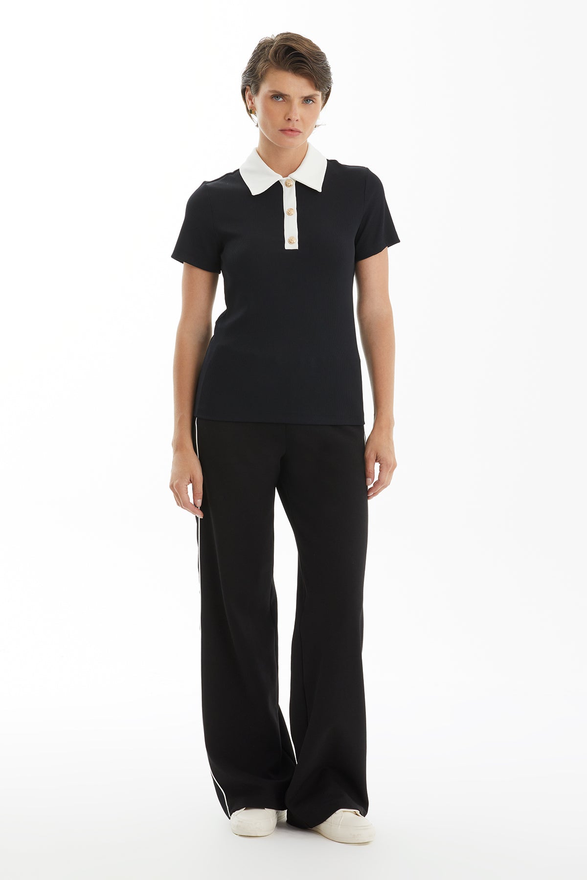 Black Polo Collar T-Shirt with Snap Detail
