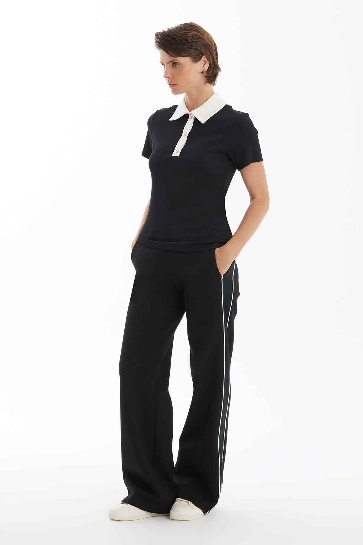 Black Polo Collar T-Shirt with Snap Detail