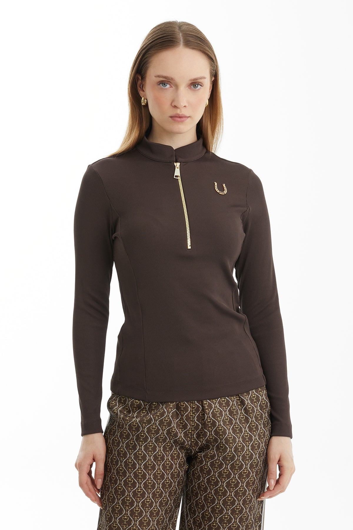 Brown Zippered Blouse with Accessory