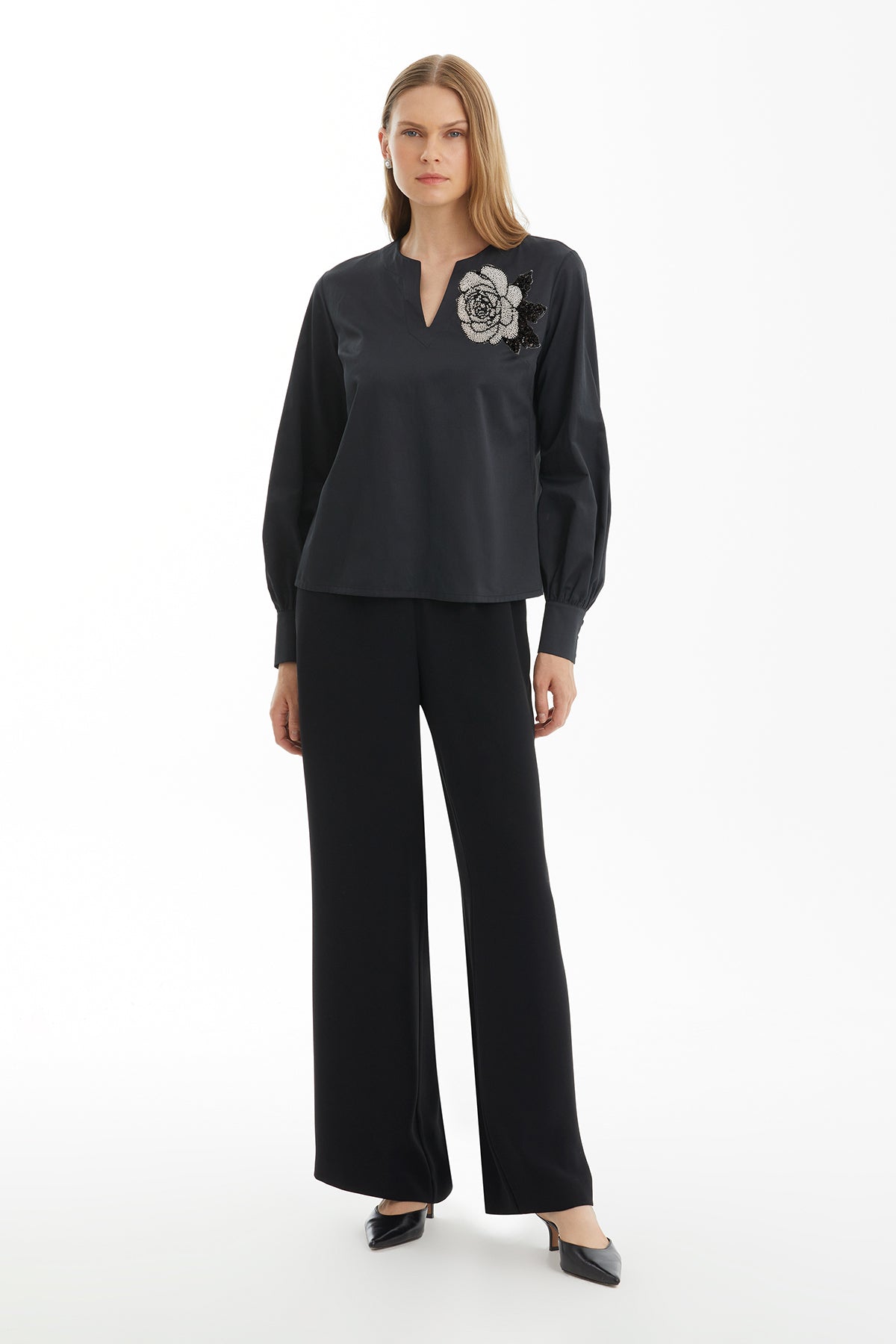 Black Blouse with Beaded Floral Detail
