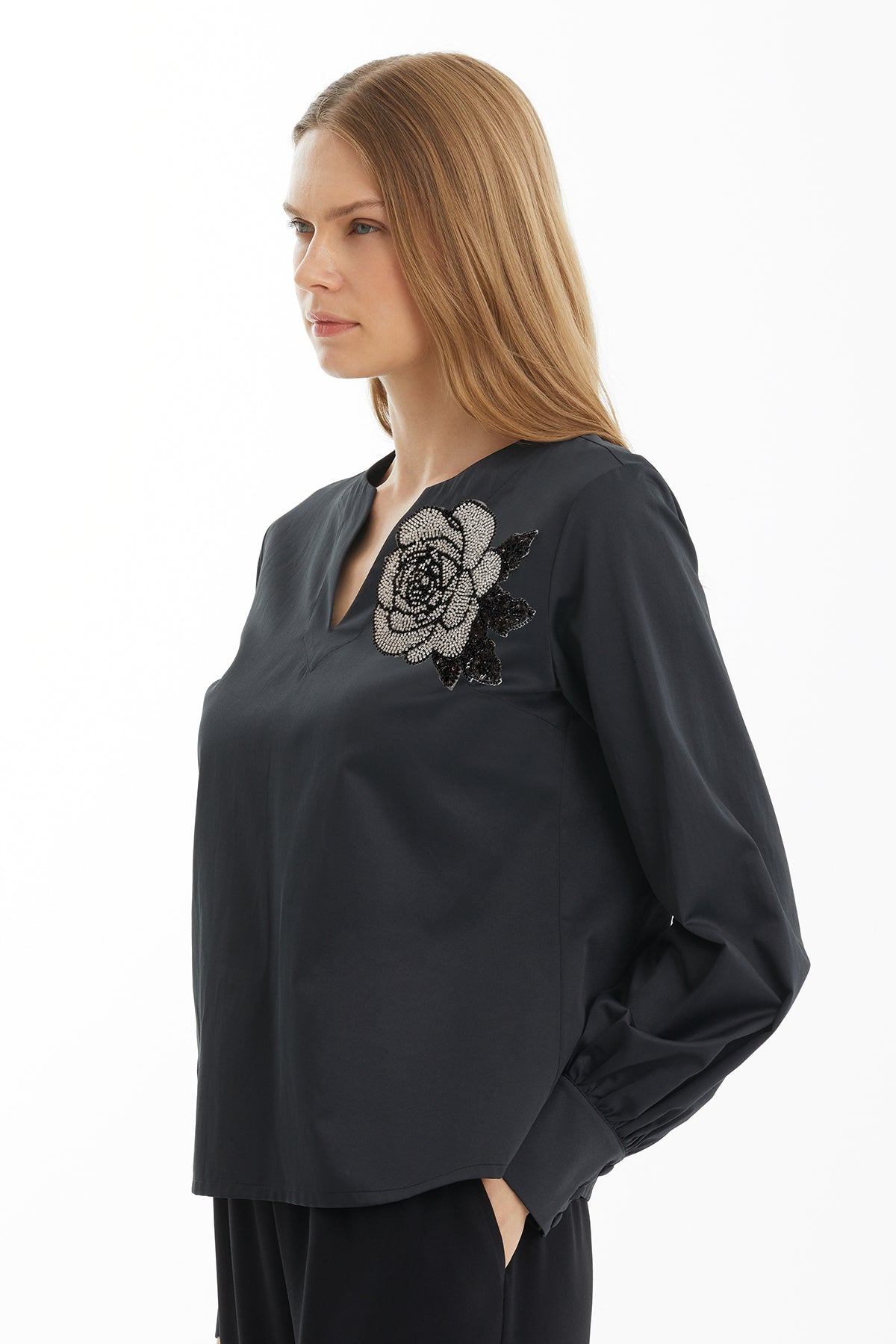 Black Blouse with Beaded Floral Detail