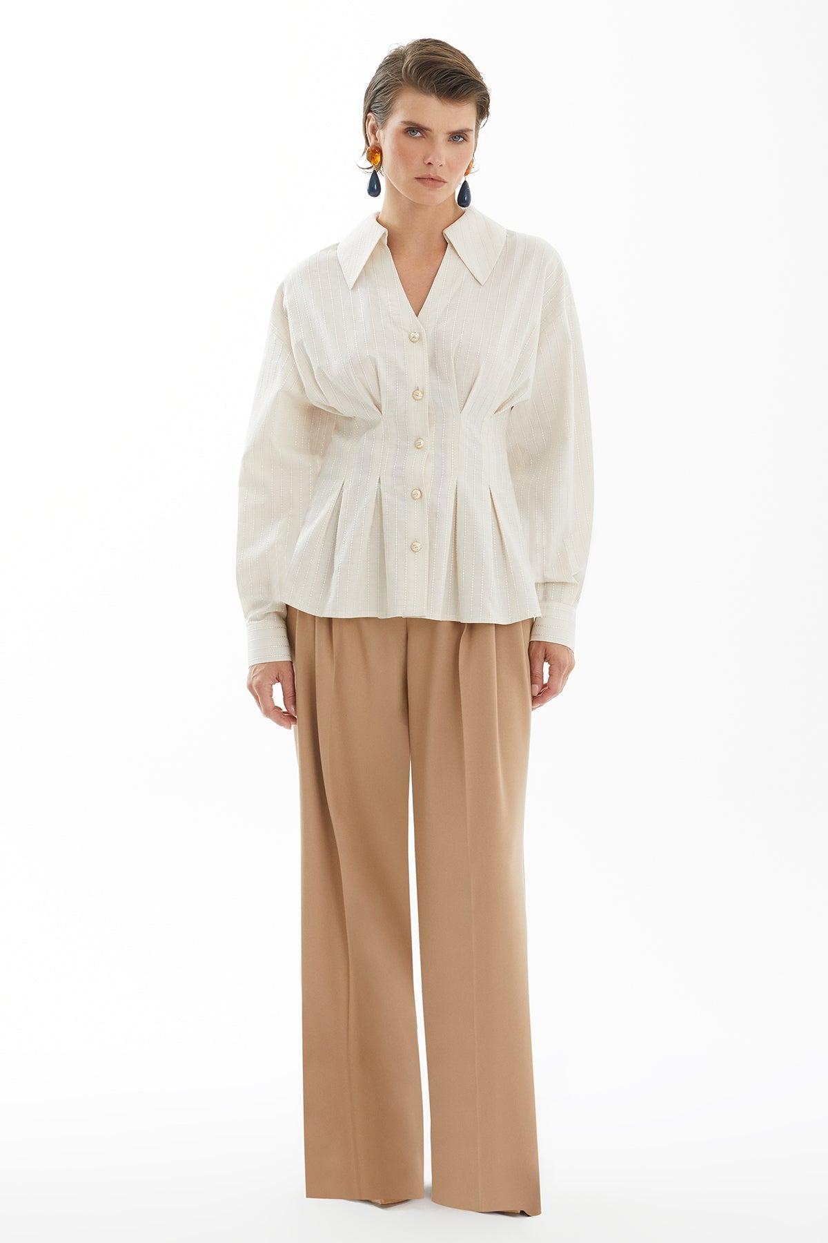 Beige Striped Shirt with Waist Pleat Detail