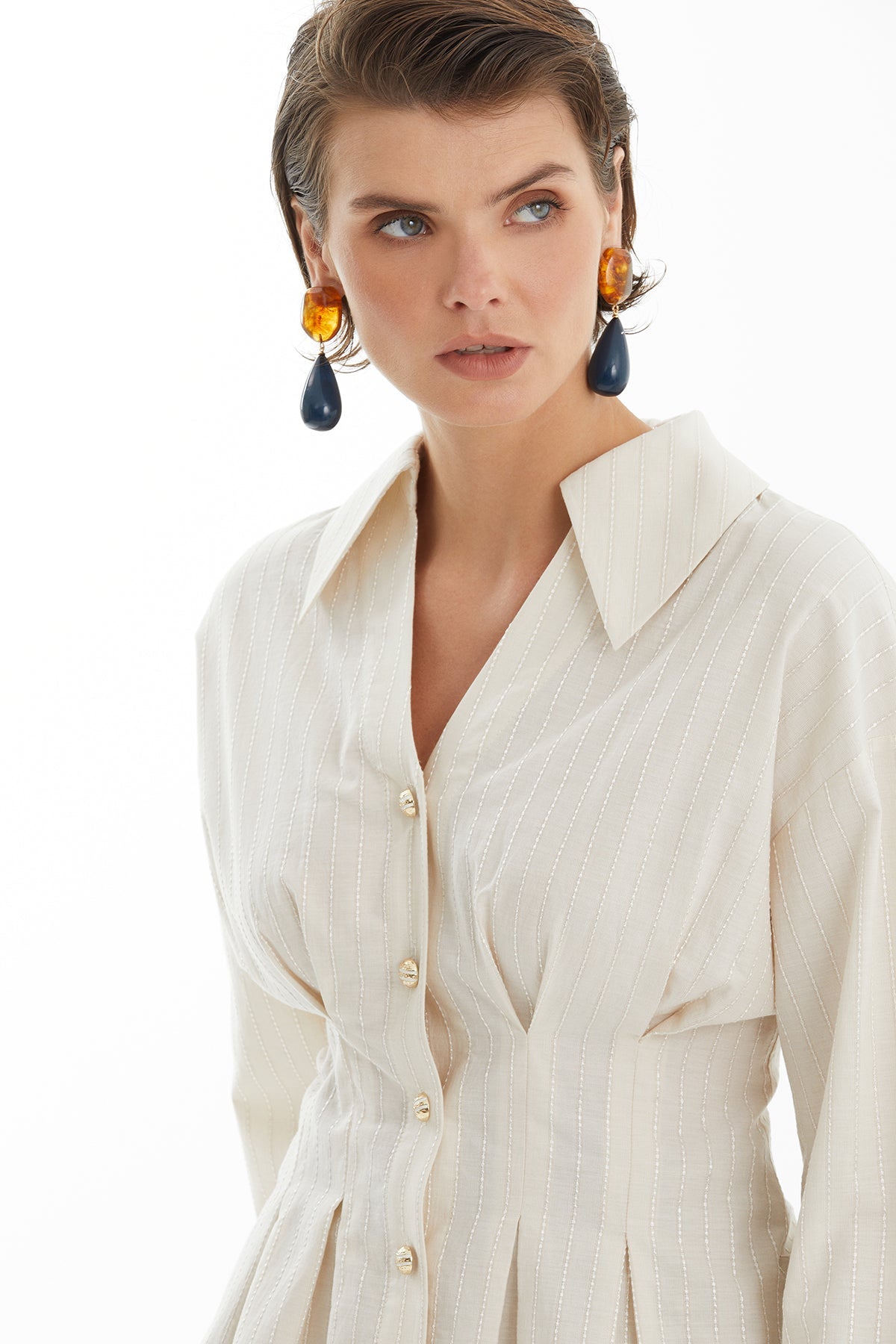 Beige Striped Shirt with Waist Pleat Detail