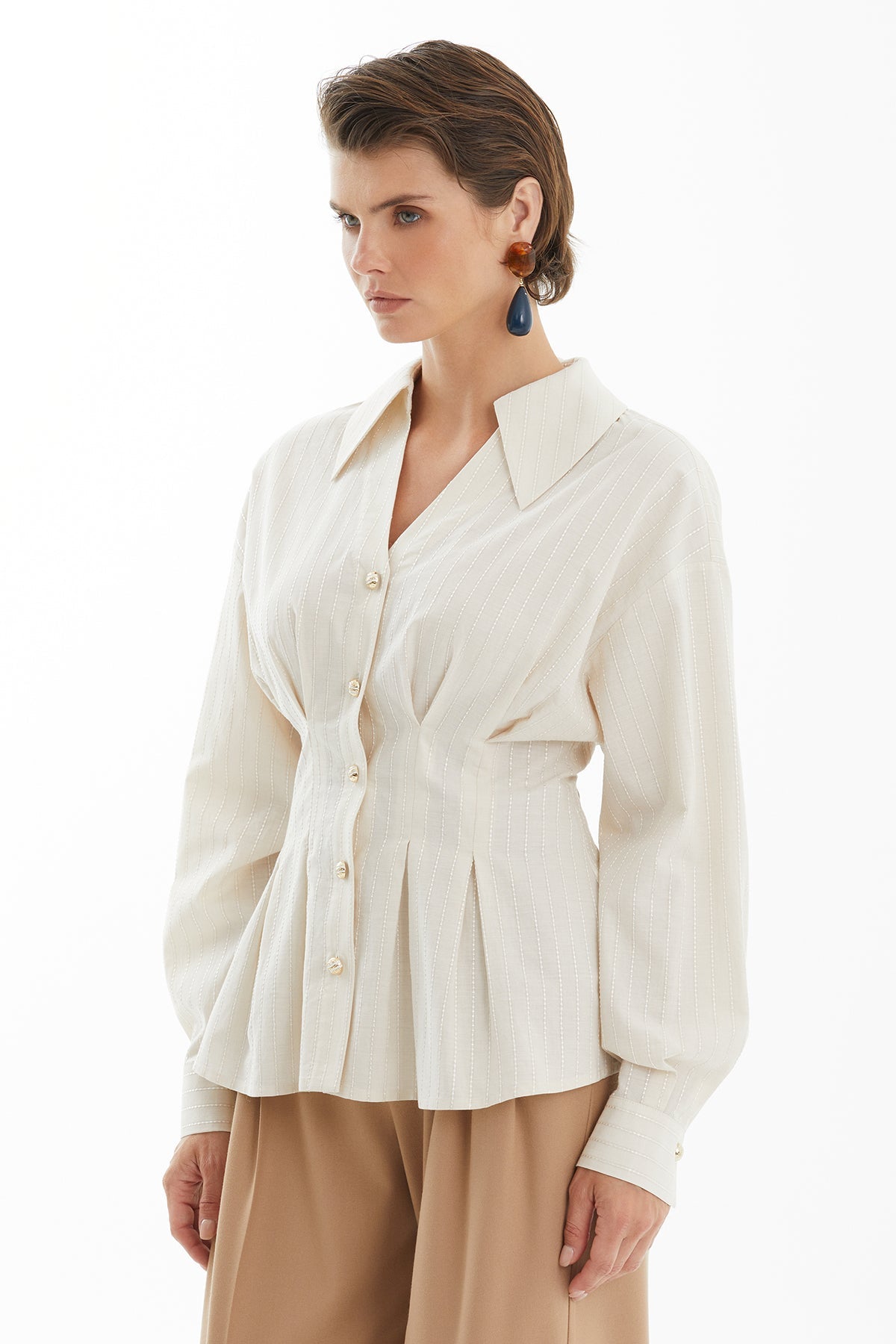 Beige Striped Shirt with Waist Pleat Detail