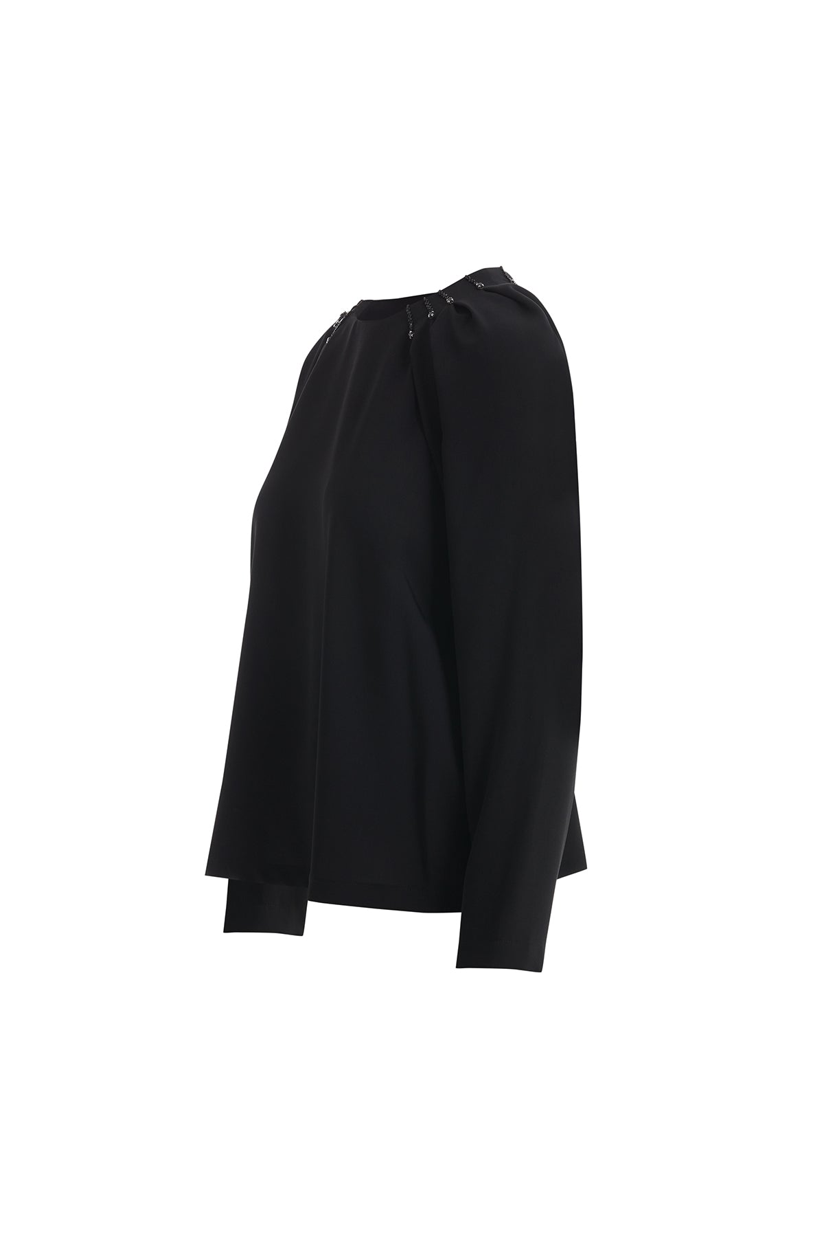 Black Crystal Embroidered Blouse with Shoulder Pleat Detail