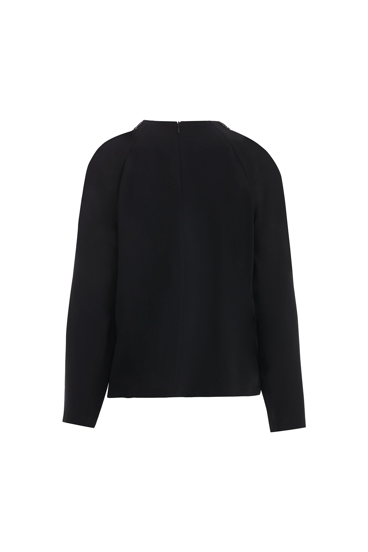 Black Crystal Embroidered Blouse with Shoulder Pleat Detail