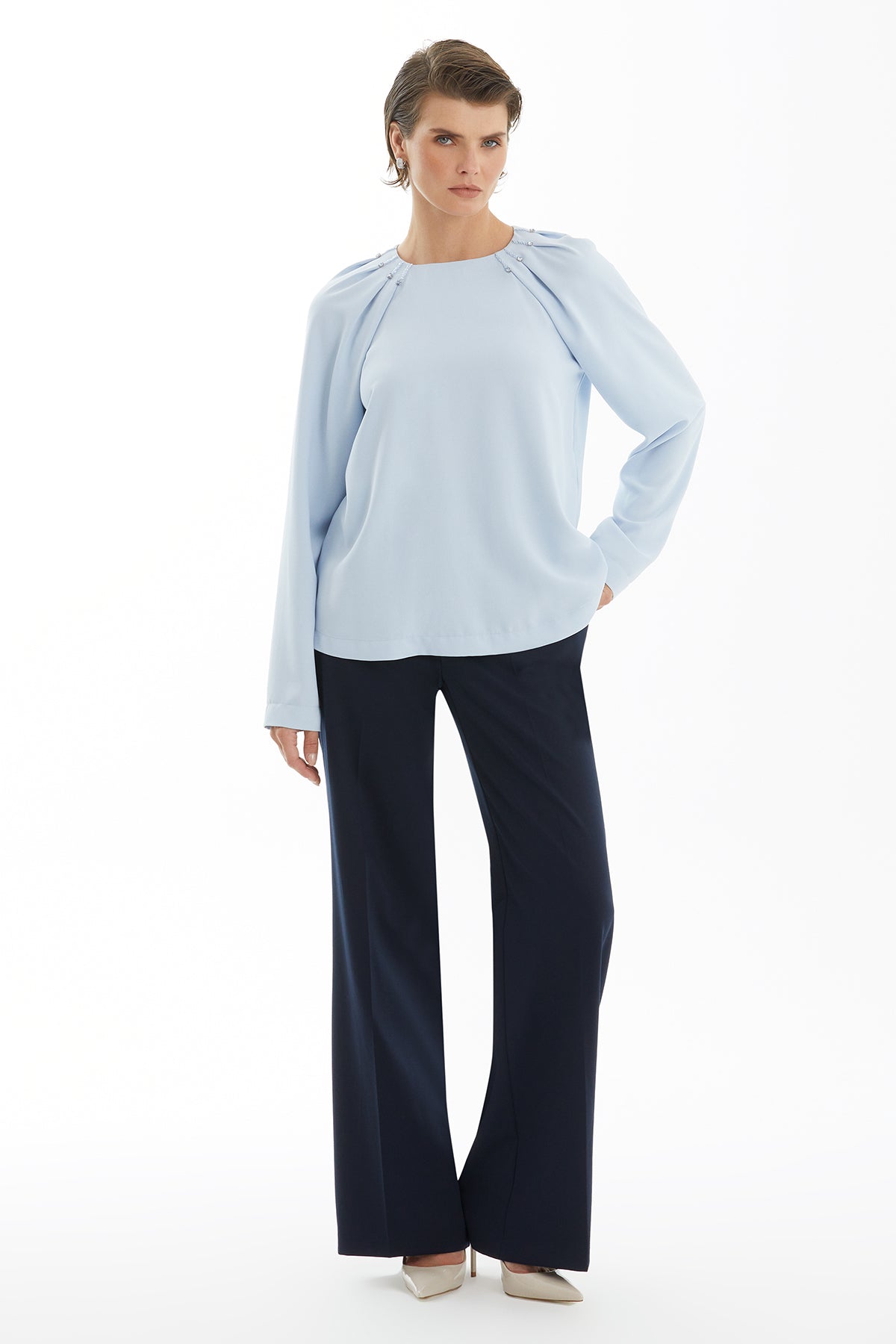 Blue Crystal Embroidered Blouse with Shoulder Pleat Detail