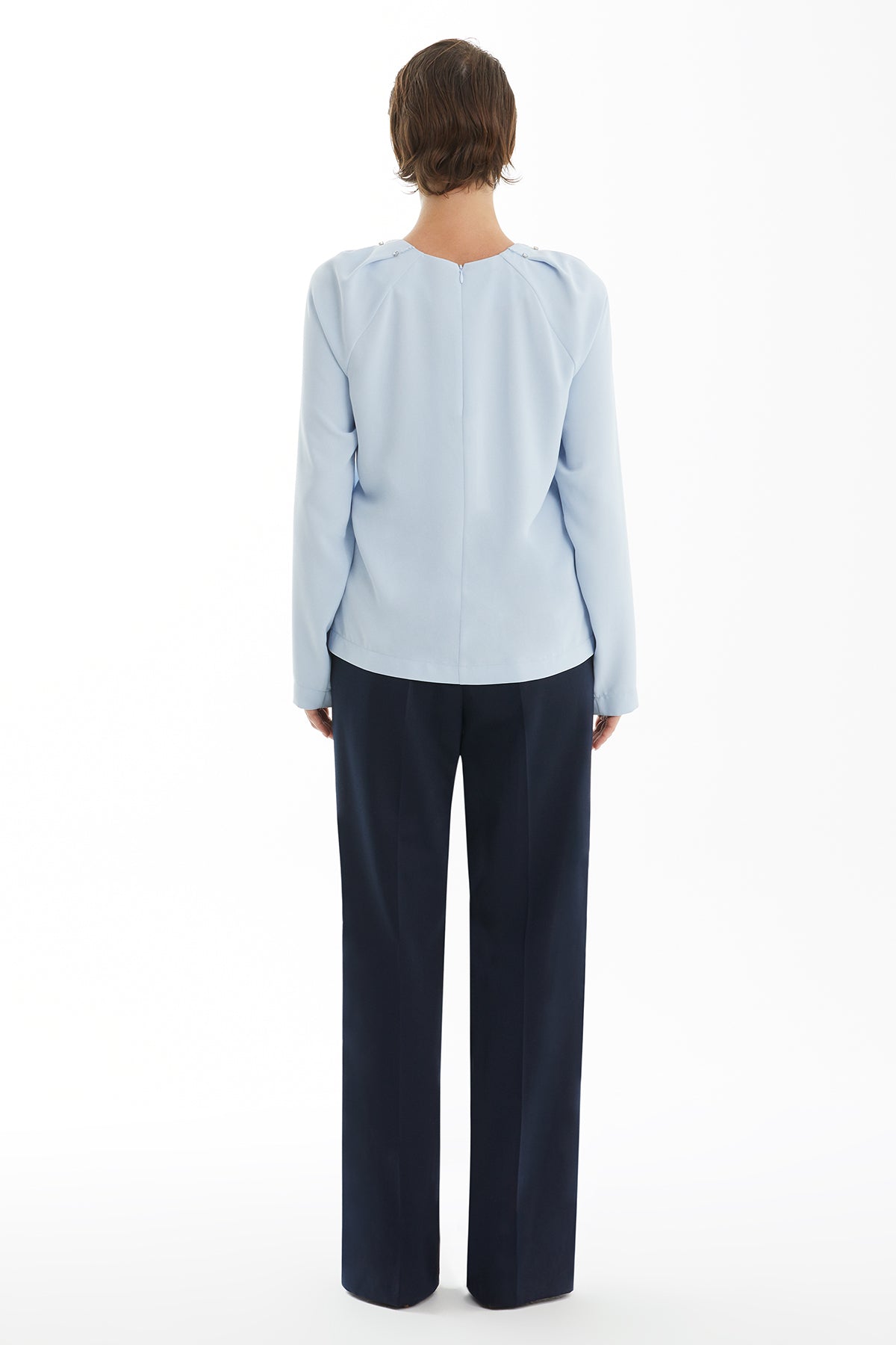 Blue Crystal Embroidered Blouse with Shoulder Pleat Detail