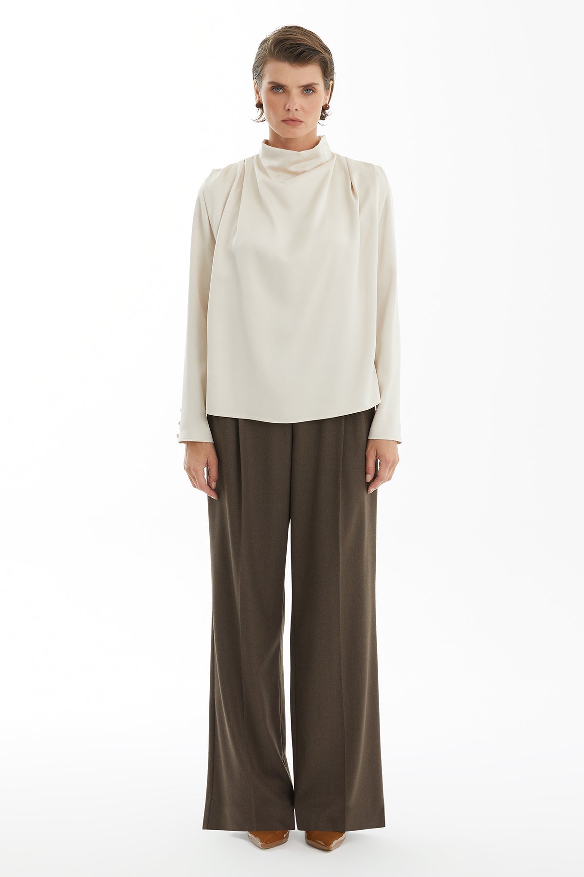 Brown Long Sleeve Blouse with Cowl Neck
