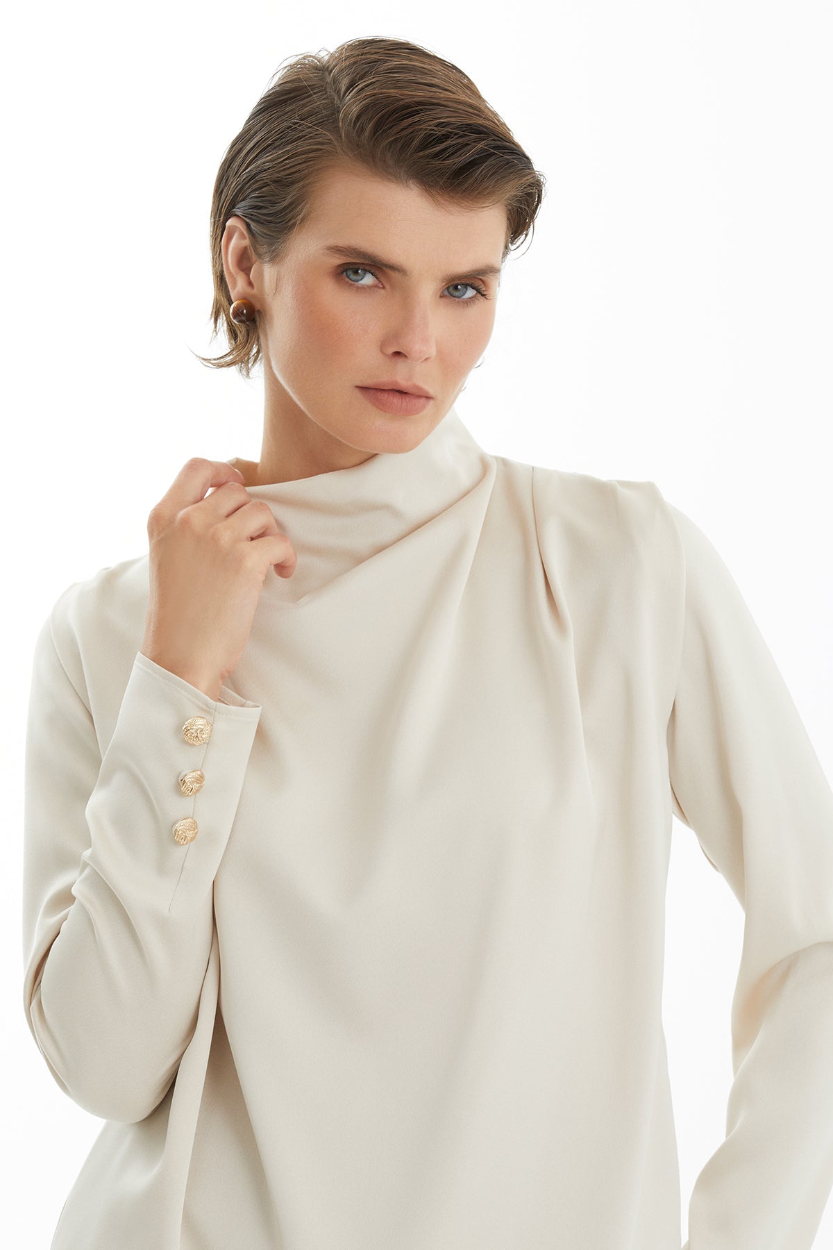 Brown Long Sleeve Blouse with Cowl Neck