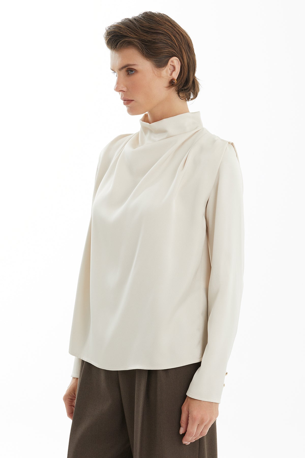 Brown Long Sleeve Blouse with Cowl Neck
