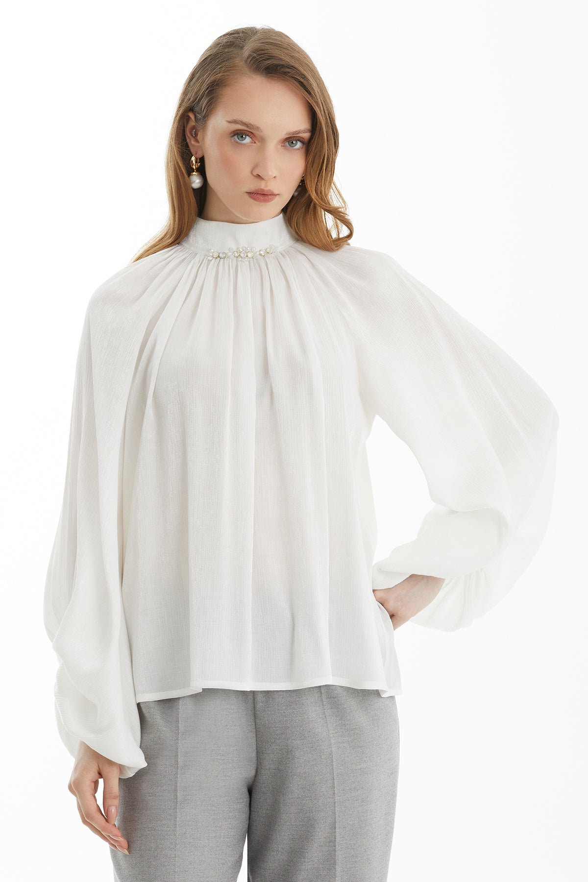 Ecru Balloon Sleeve Blouse with Embroidery