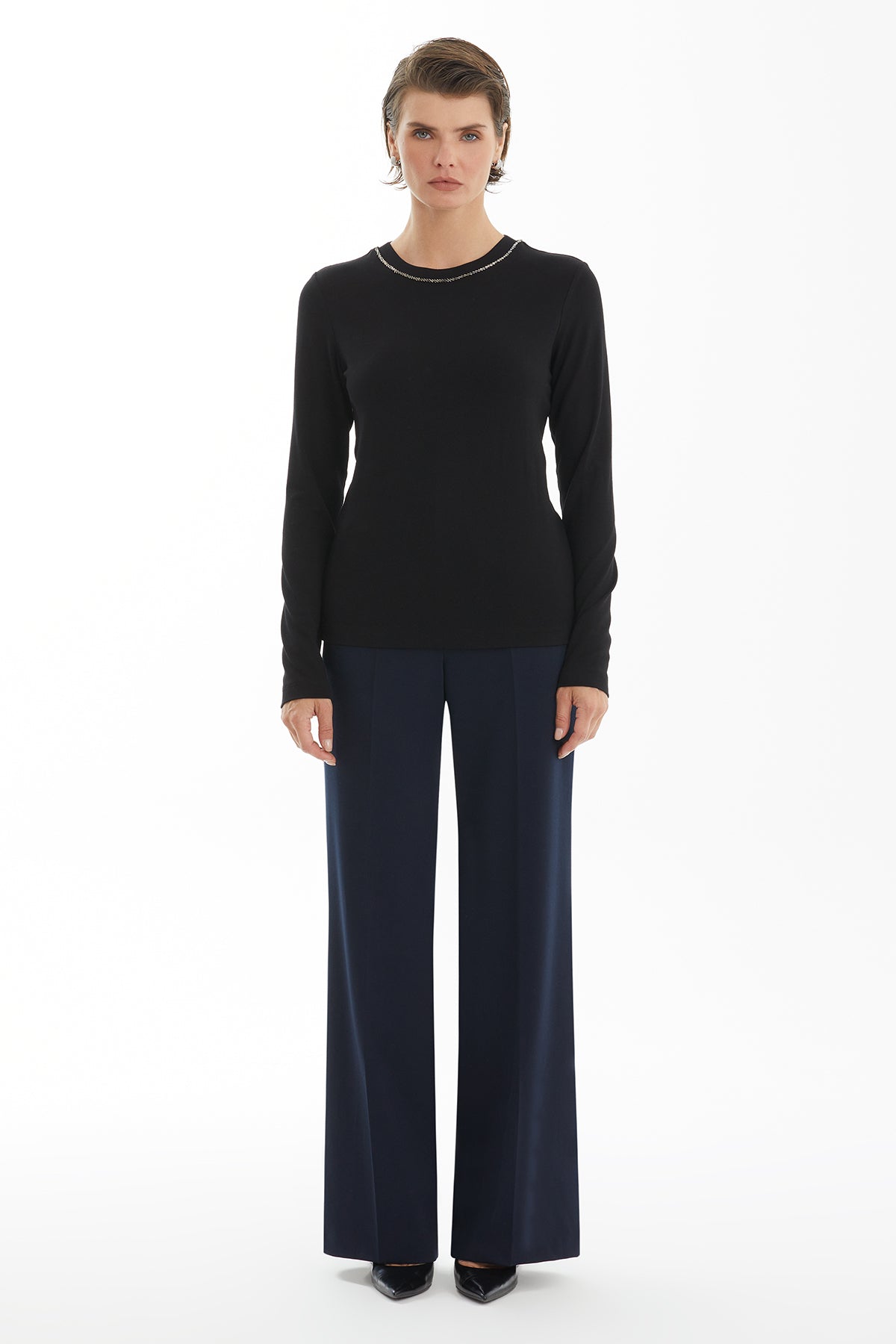 Black Blouse with Embroidered Collar