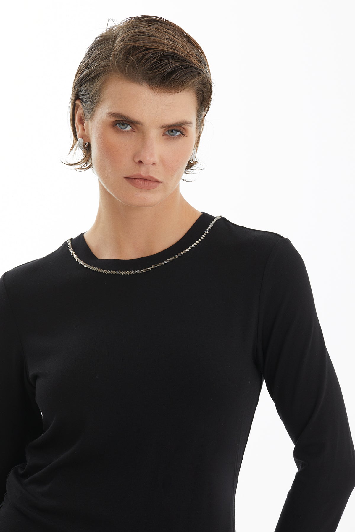 Black Blouse with Embroidered Collar