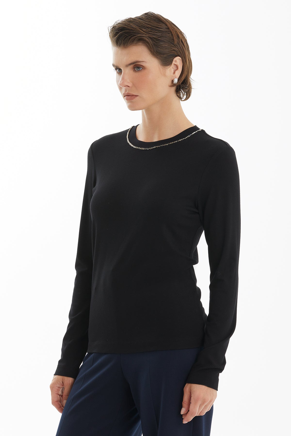 Black Blouse with Embroidered Collar