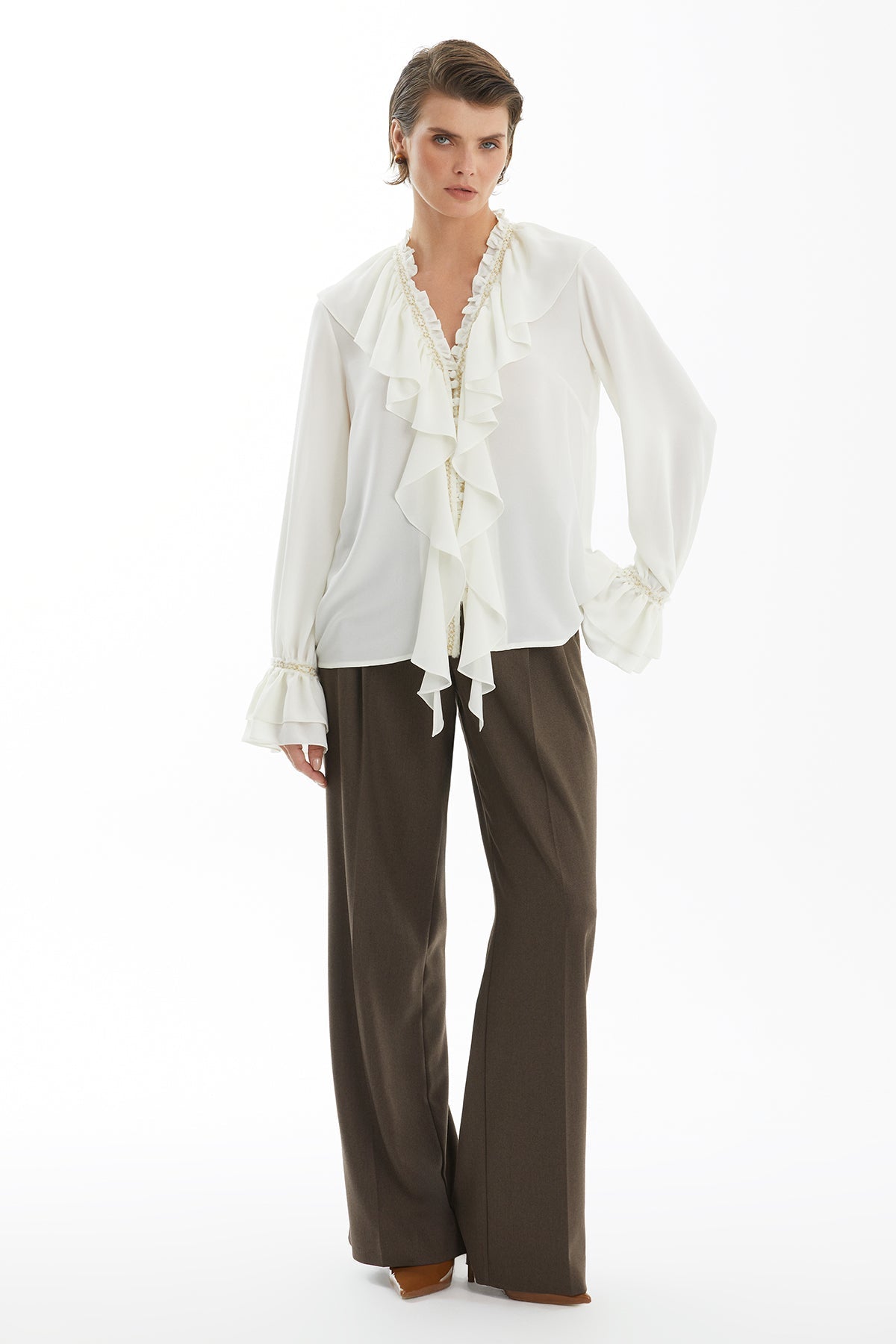 Ecru Ruffle Collar Blouse with Accessory Detail