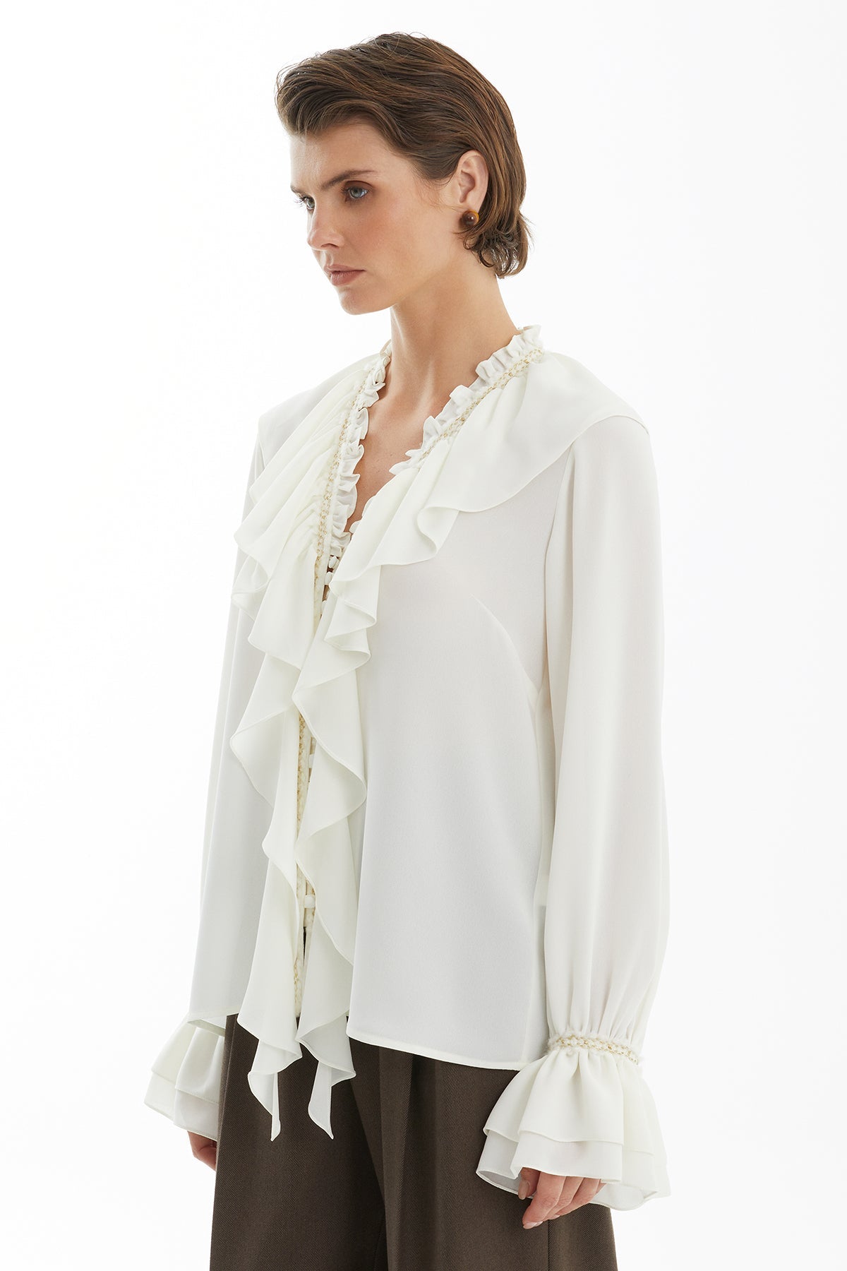 Ecru Ruffle Collar Blouse with Accessory Detail