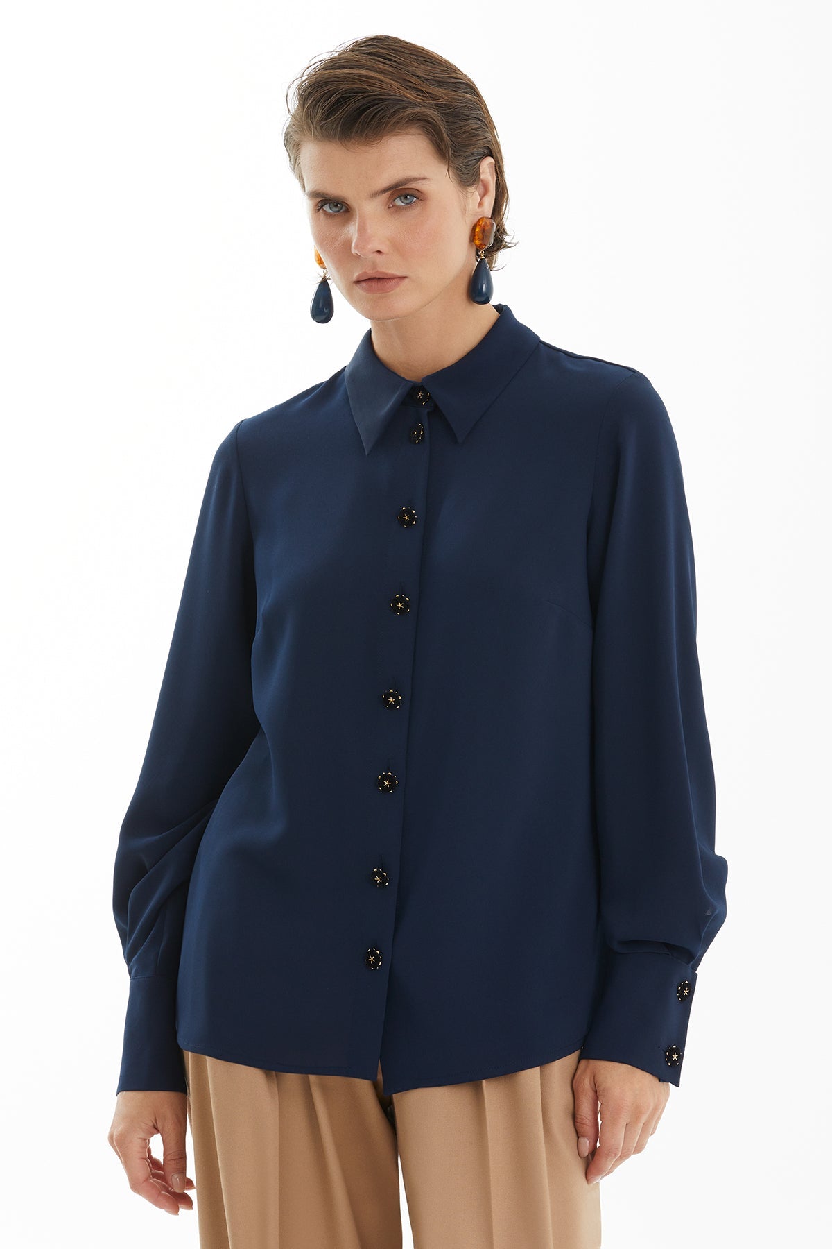 Dark Navy Shirt with Elegant Button Detail