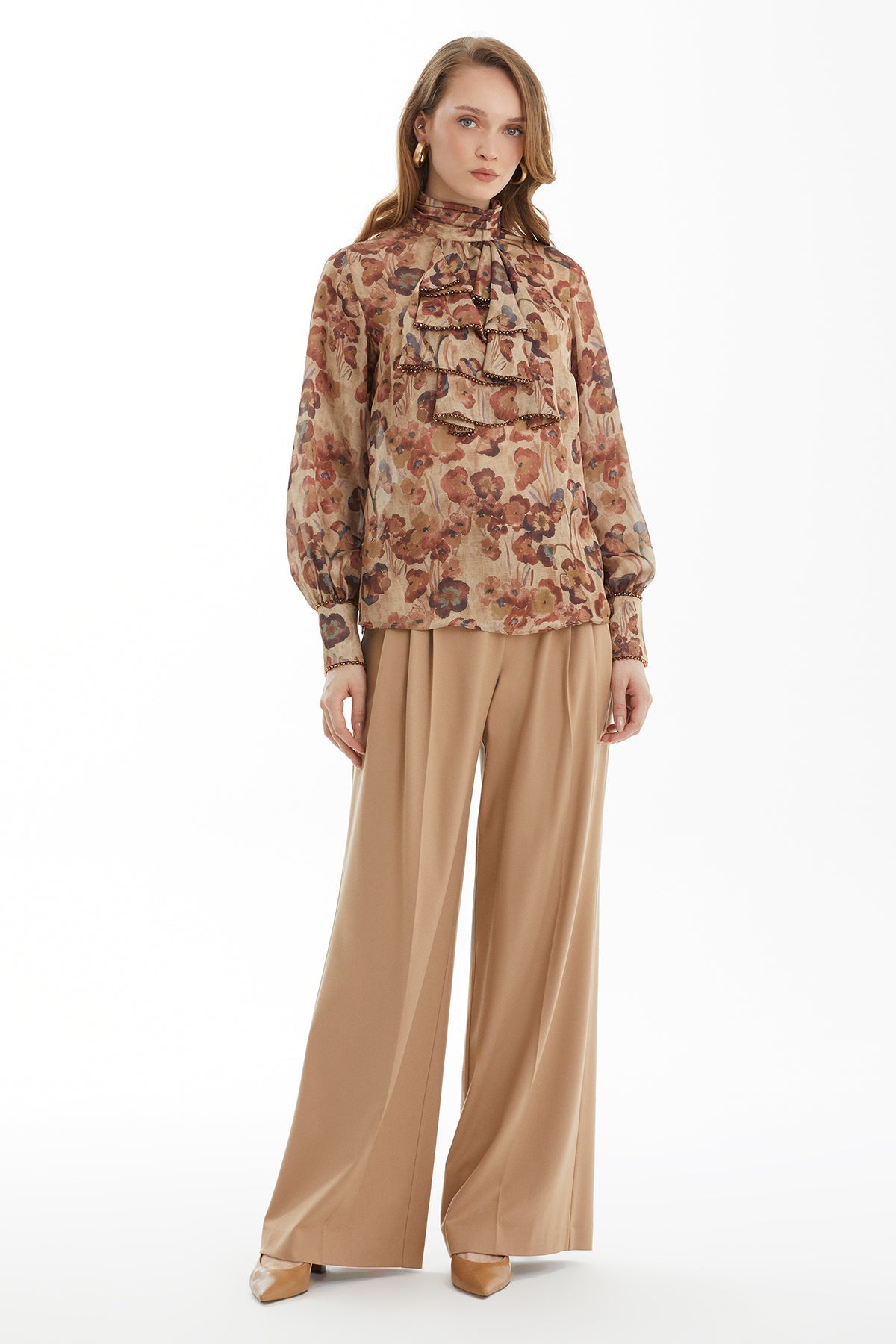 Ruffled Front Blouse with Bead Detail