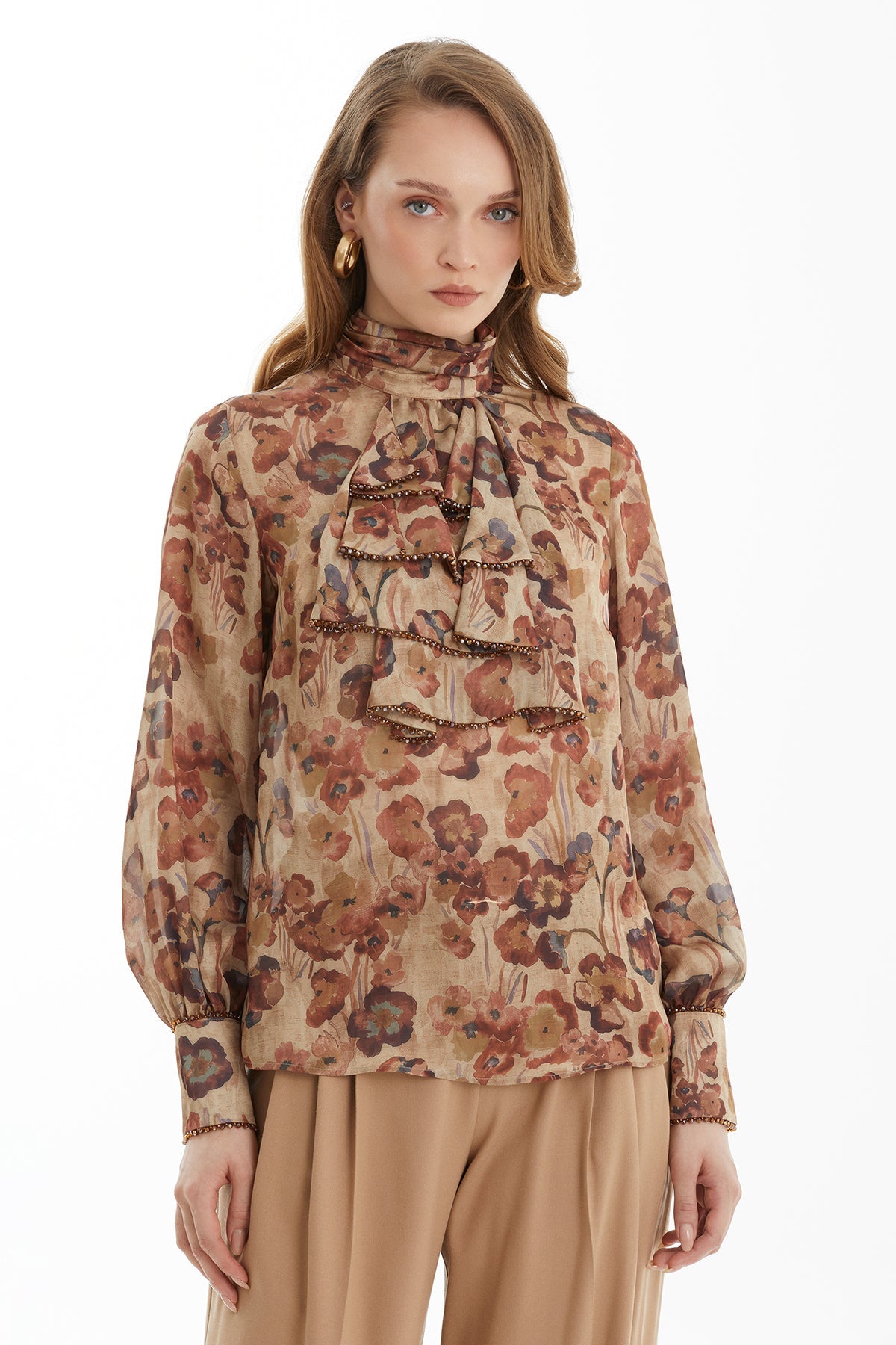 Ruffled Front Blouse with Bead Detail