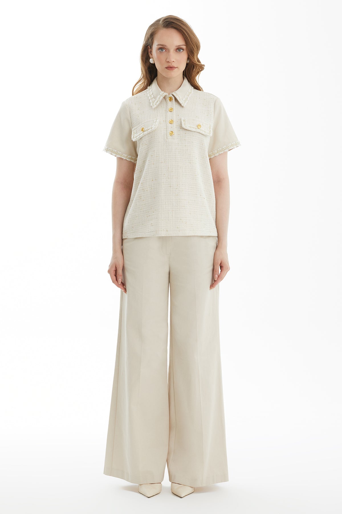 Ecru Polo Collar Woven Blouse