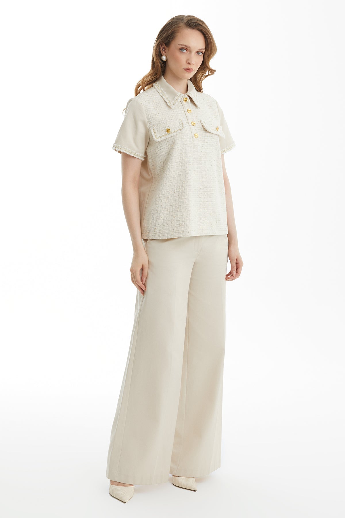 Ecru Polo Collar Woven Blouse