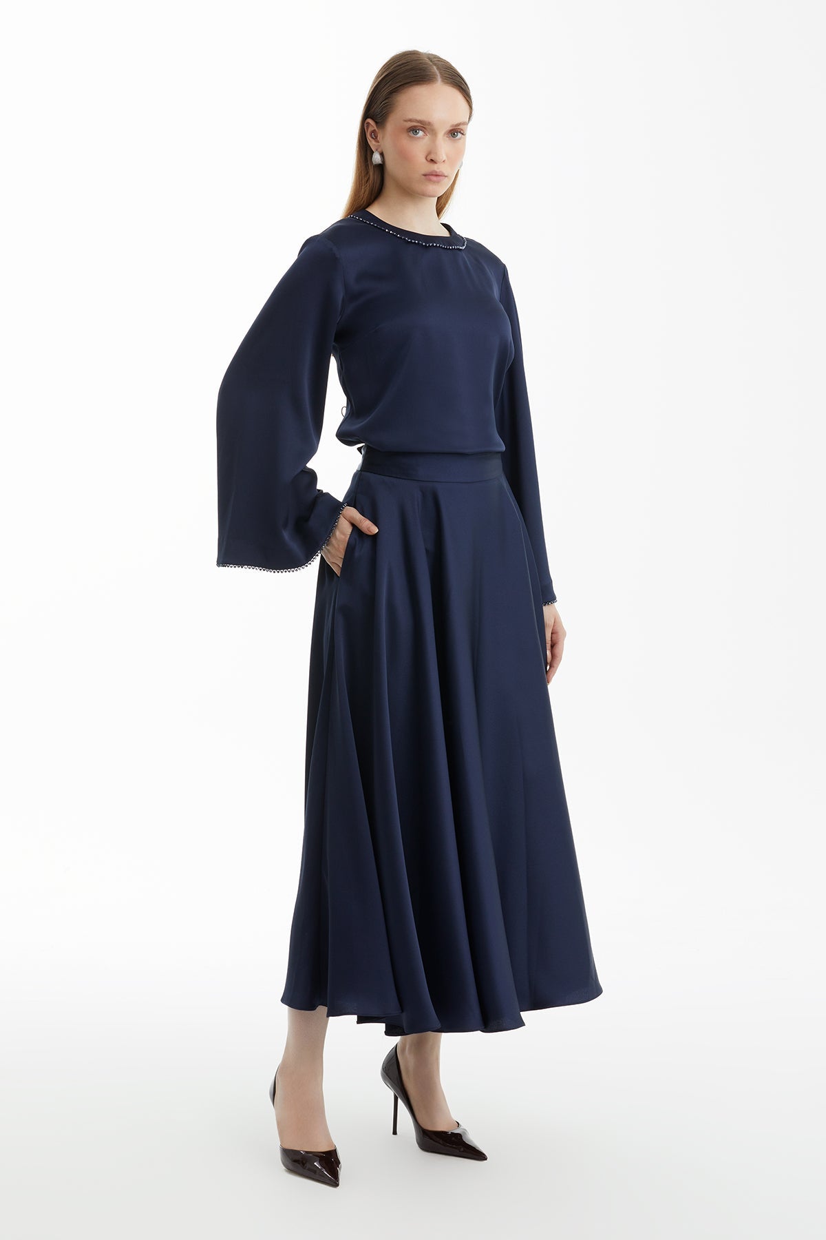 Navy Midi Flared Skirt