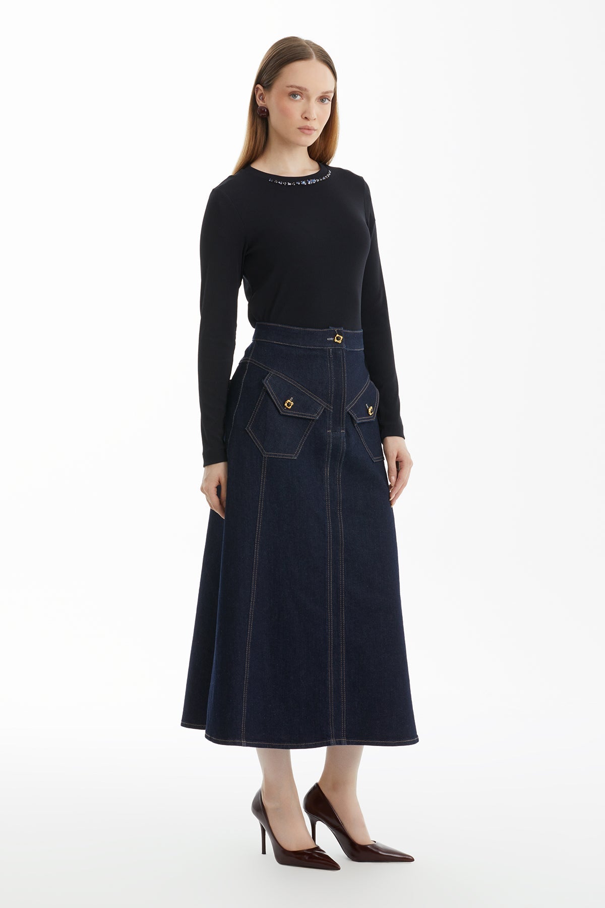 Dark Navy A-Line Denim Skirt with Pocket Button Detail