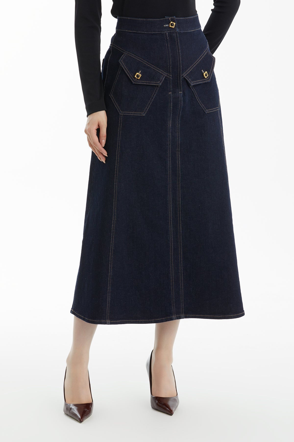 Dark Navy A-Line Denim Skirt with Pocket Button Detail