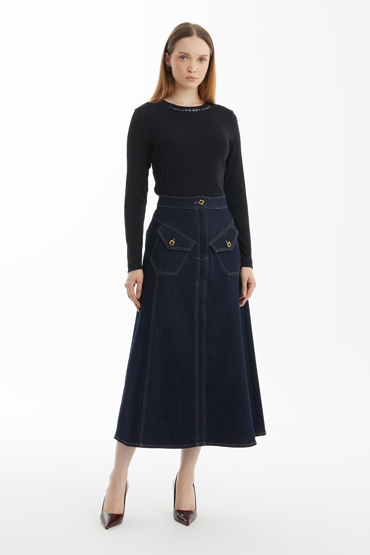 Dark Navy A-Line Denim Skirt with Pocket Button Detail